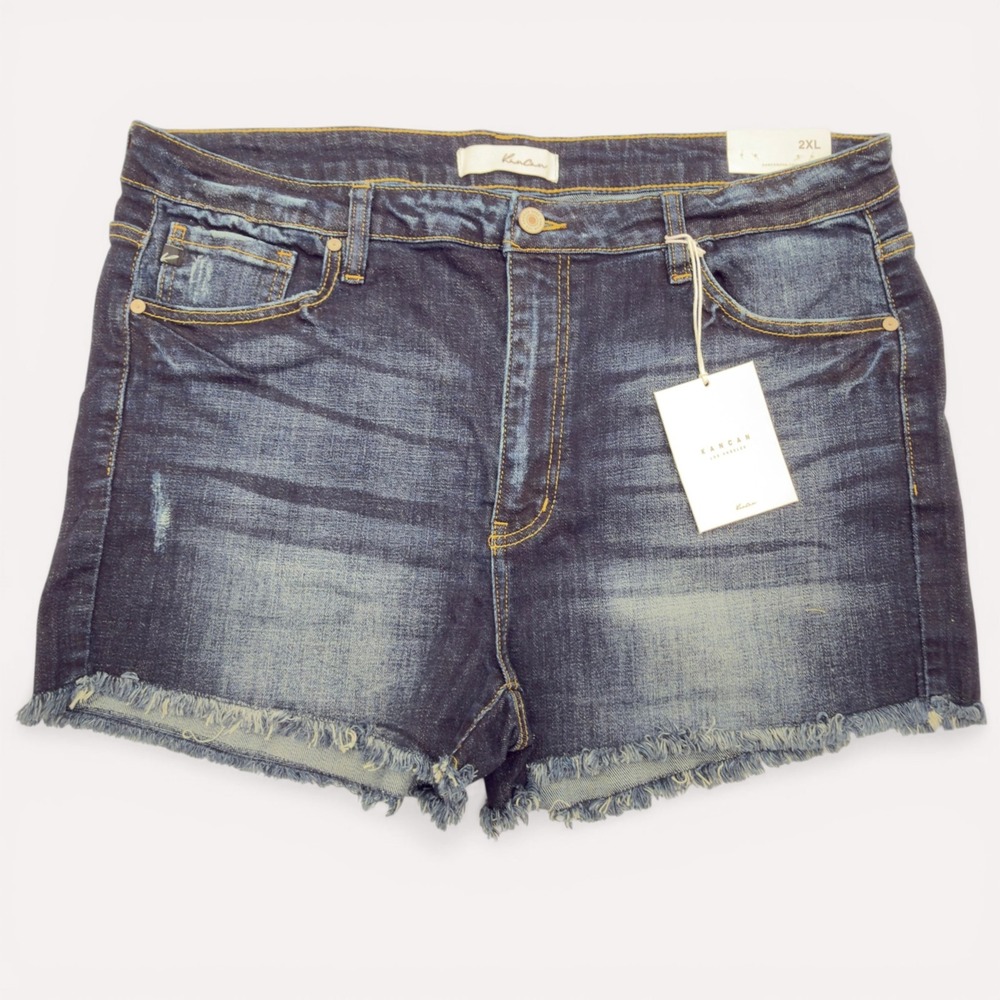 Kancan High Rise Denim Shorts 2XL Dark Wash Frayed Hem Stretch Jean‎ Shorts NWT
